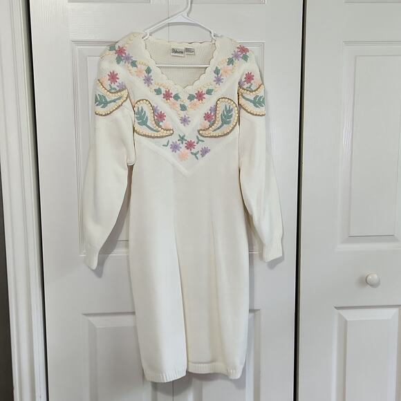 Styleworks Vintage 80s Cream Hand Embroidered Long Sleeve Dress Size Med Floral - Picture 1 of 11